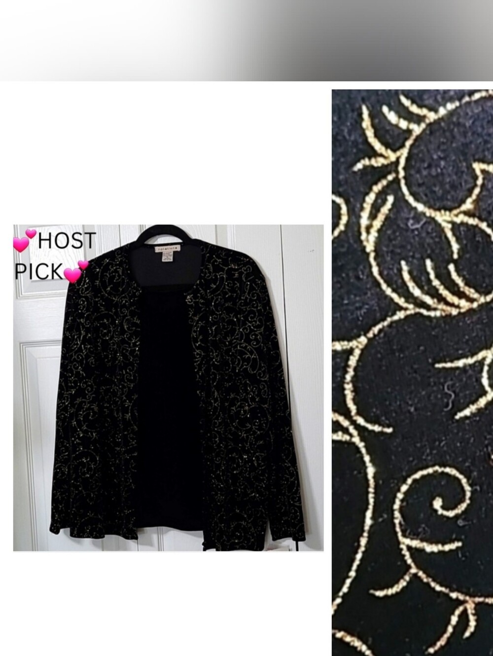 Black Velvet Top with Gold Glittery Cardigan Jacket Attached, Size XL, New W/Tag